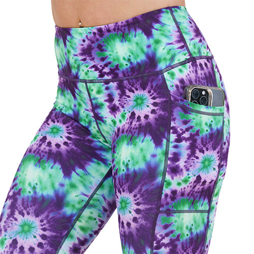 side pocket on the purple and green tie dye leggings