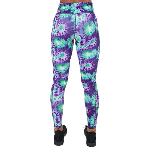 back of the purple and green tie dye leggings