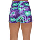 back of the 2.5 inch purple and green tie dye shorts