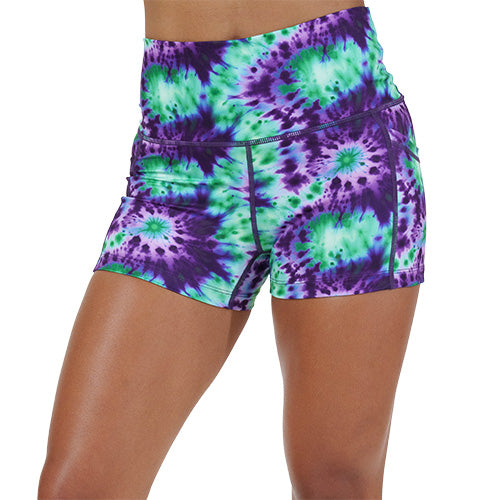 2.5 inch purple and green tie dye shorts