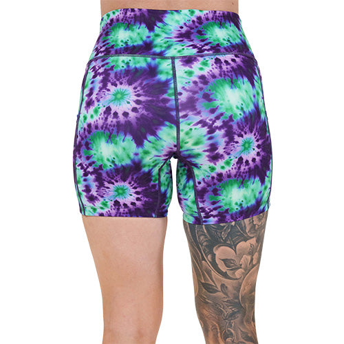 back of the 5 inch purple and green tie dye shorts