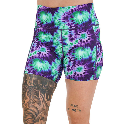 5 inch purple and green tie dye shorts