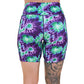 back of the 7 inch purple and green tie dye shorts