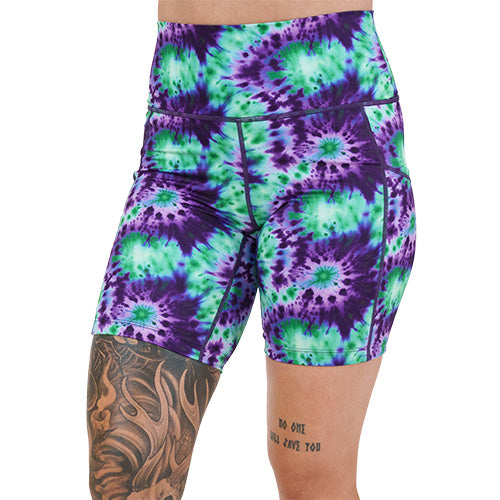 7 inch purple and green tie dye shorts