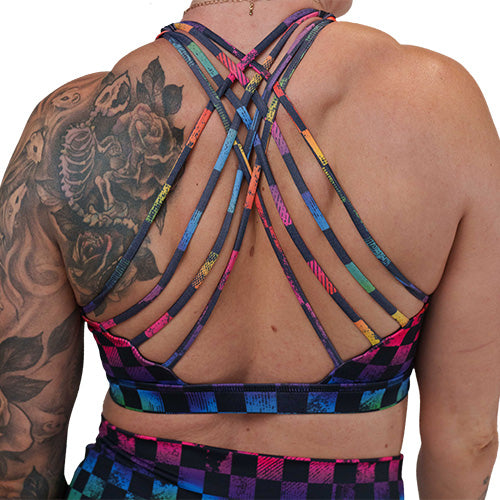 back of the rainbow checkers sports bra