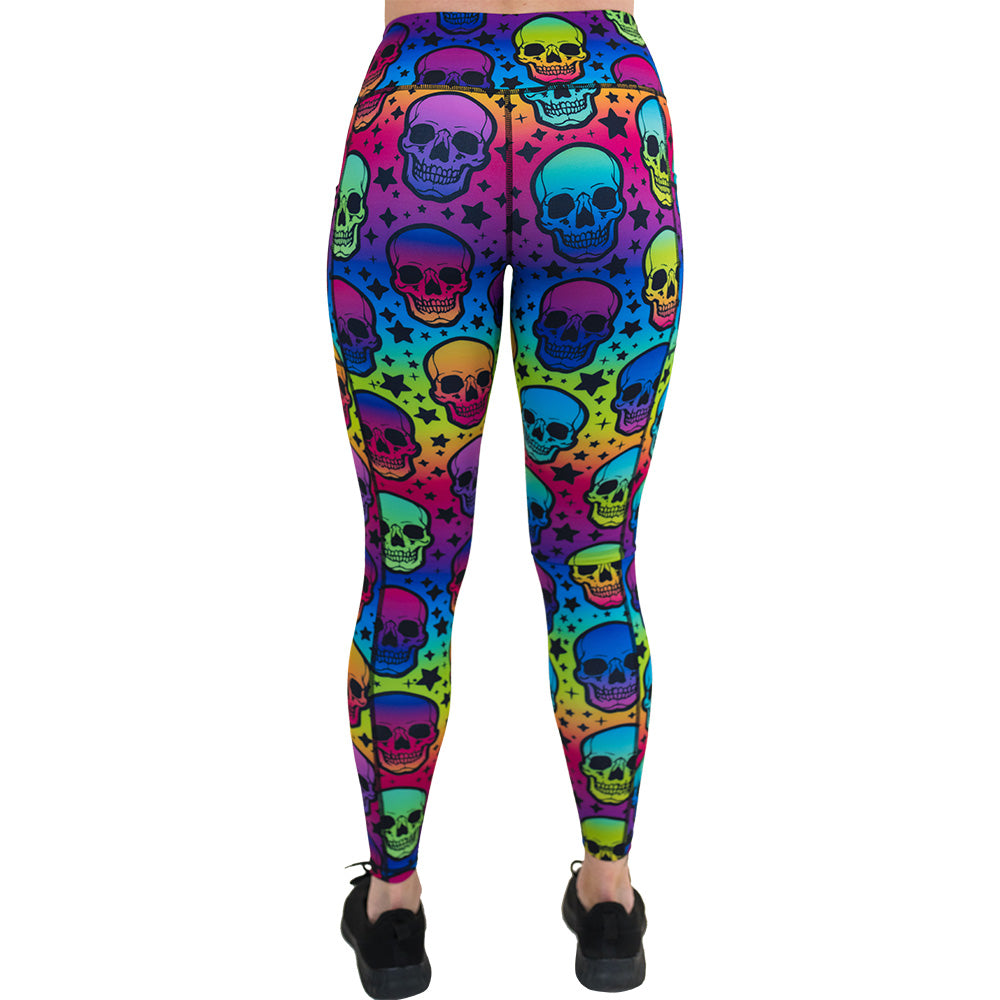 back of the rainbow skulls patterned leggings