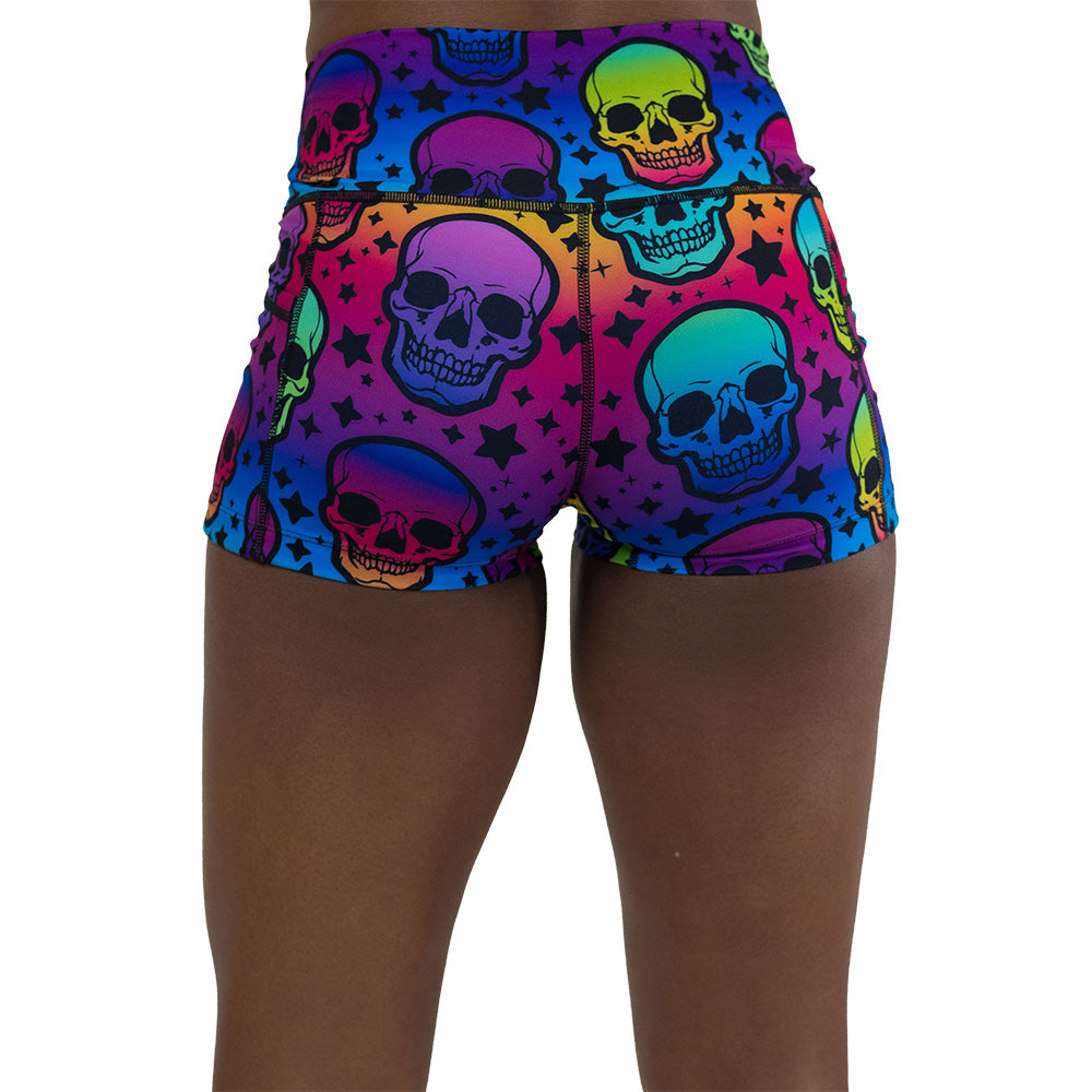 back of the 2.5 inch rainbow skulls patterned shorts