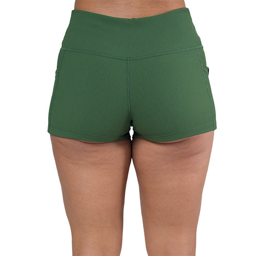 back of the 2.5 inch green ribbed shorts