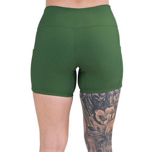 back of the 5 inch green ribbed shorts