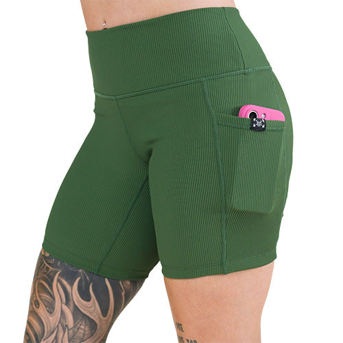 side pocket on the green ribbed shorts