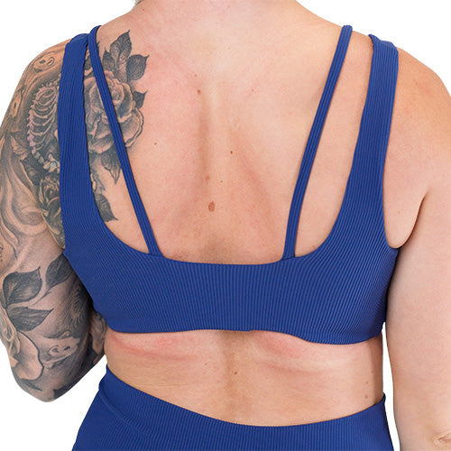 back of the navy ribbed sports bra