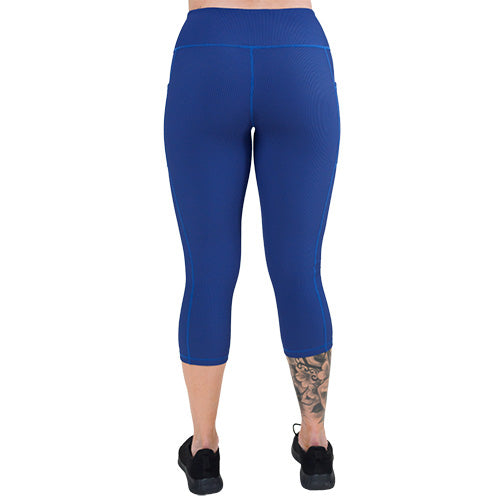 back of the navy blue ribbed leggings