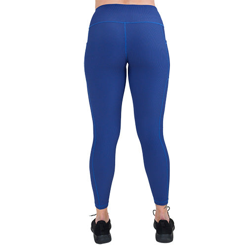 back of the navy blue ribbed leggings