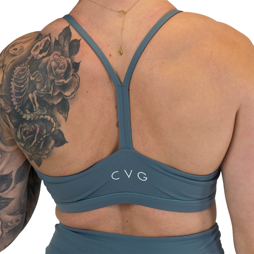 back of the sage slate sports bra