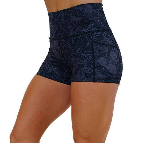 2.5 inch black and grey traditional tattoo design patterned shorts