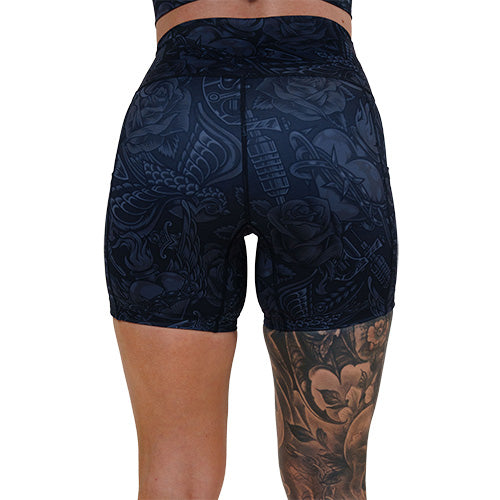 5 inch 2.5 inch black and grey traditional tattoo design patterned shorts