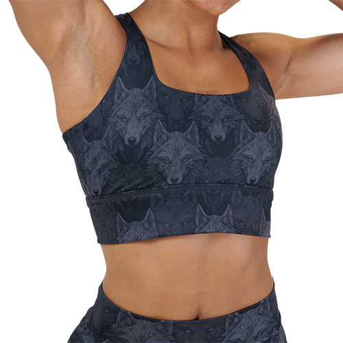 black and grey wolves patterned sports bra