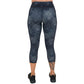 back of capri length black and grey wolves patterned leggings