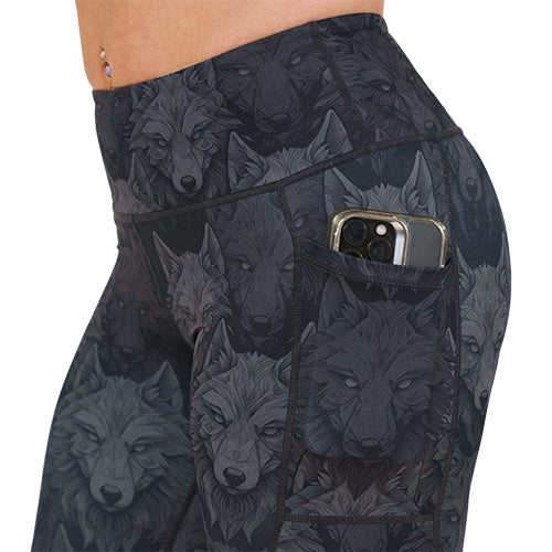 side pocket on the black and grey wolves patterned leggings