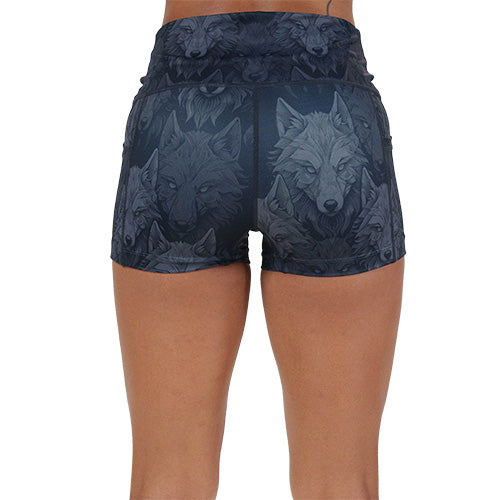 back of the 2.5 inch black and grey wolves patterned shorts