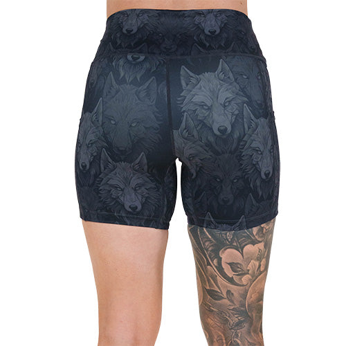 back of the 5 inch black and grey wolves patterned shorts