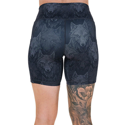 back of 7 inch black and grey wolves patterned shorts