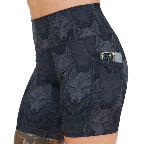 side pocket on the black and grey wolves patterned shorts