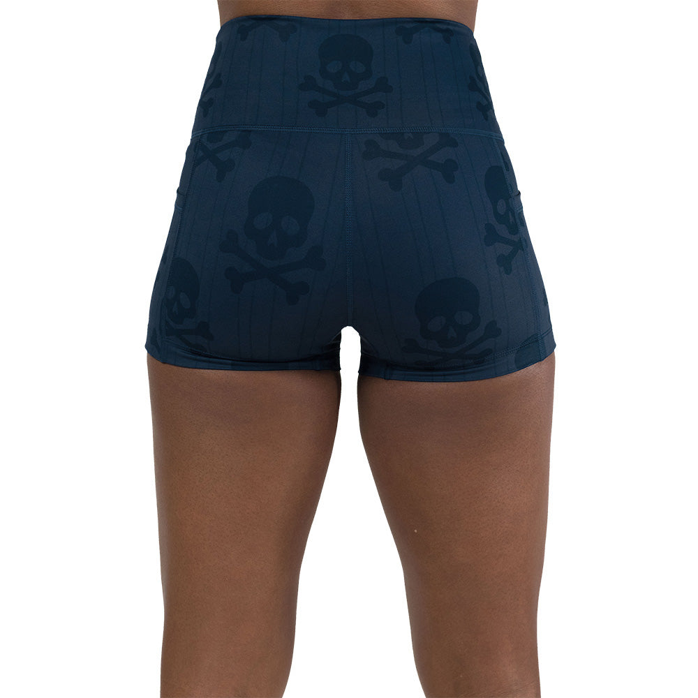 back of the 2.5 inch skull and bones patterned shorts