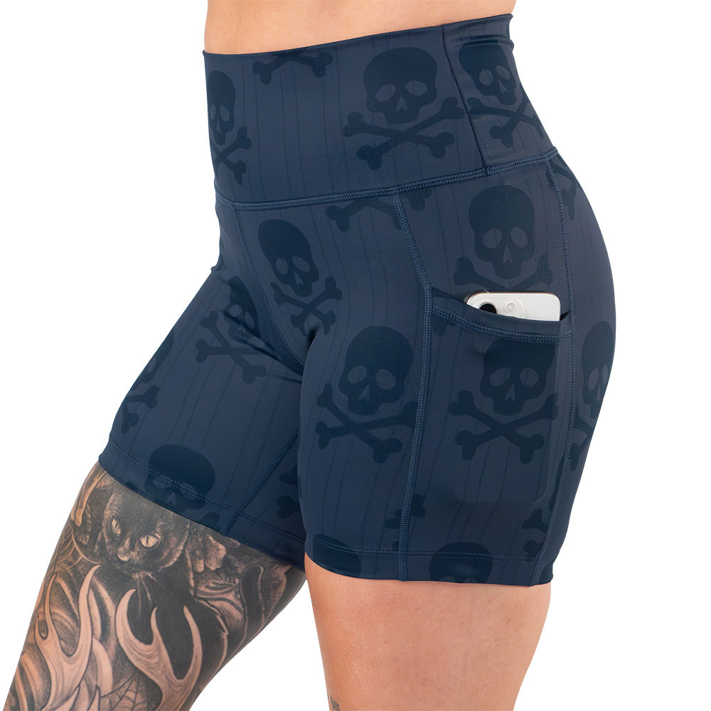 side pocket on the skull and bones patterned shorts