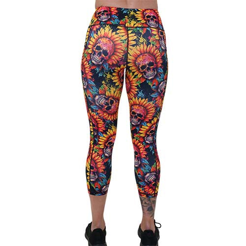 back of capri length skull flower patterned leggings