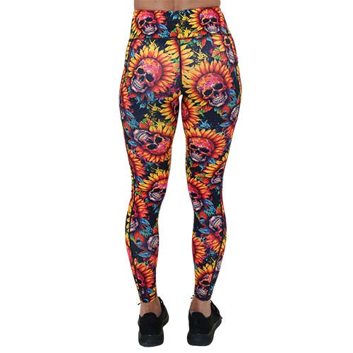 back of full length skull flower patterned leggings