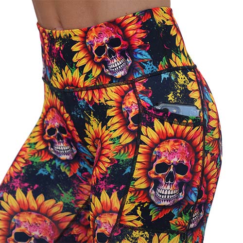 skull flower patterned legging's side pocket