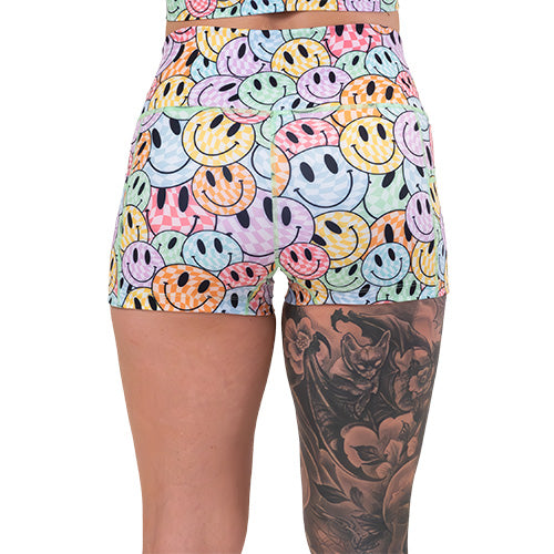 back of the 2.5 inch smiley face patterned shorts