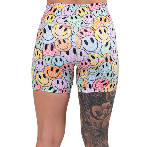 back of the 5 inch smiley face patterned shorts