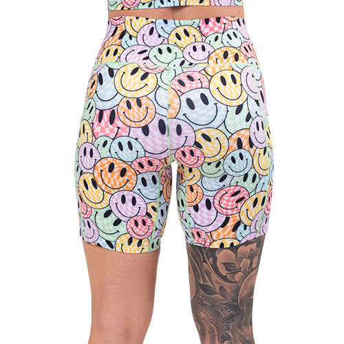 back of the 7 inch smiley face patterned shorts