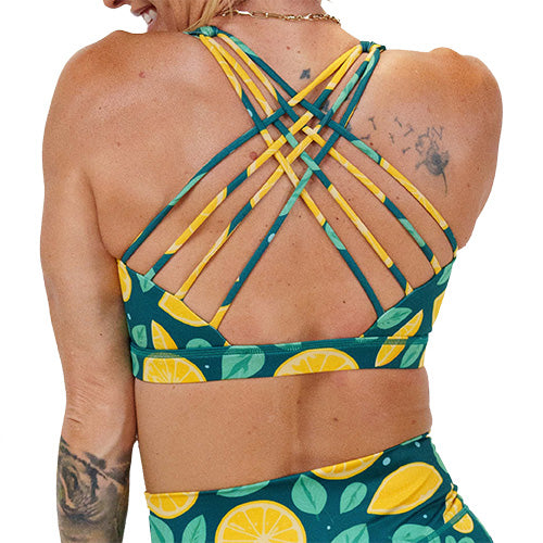 back of the lemon patterned sports bra