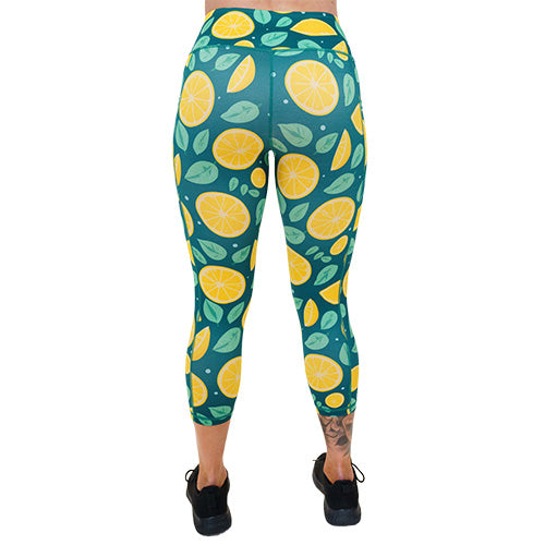 back of the capri length lemon patterned leggings