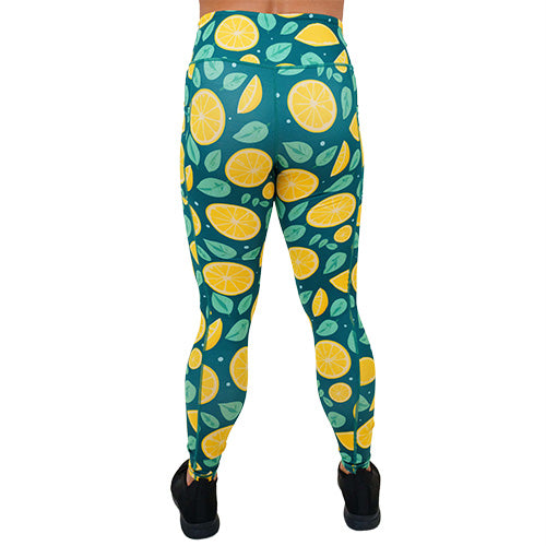 back of full length lemon patterned leggings