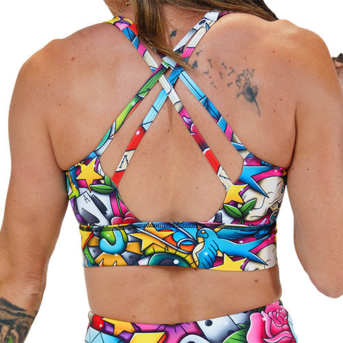 back of the traditional tattoo design patterned sports bra
