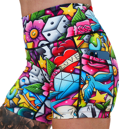 side pocket on the old fashioned tattoo designed shorts