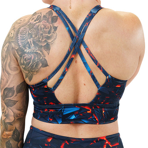 back of lava themed sports bra