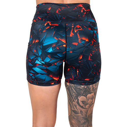 back of 5 inch lava themed shorts