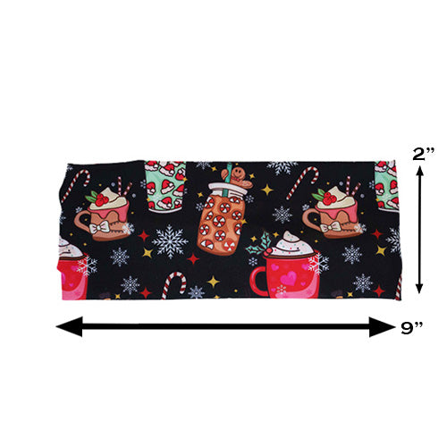 Christmas drinks patterned headband measured at 2 by 9 inches