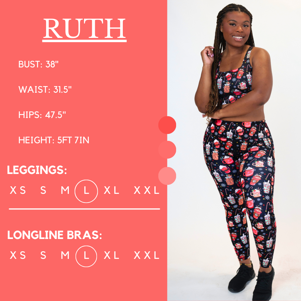 Model’s measurements of 38” bust, 31.5” waist, 47.5” hips and height of 5 ft 7 inches. She is wearing a size large in our leggings