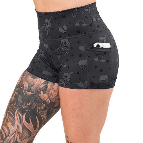 side pocket on the unicorn skull patterned shorts