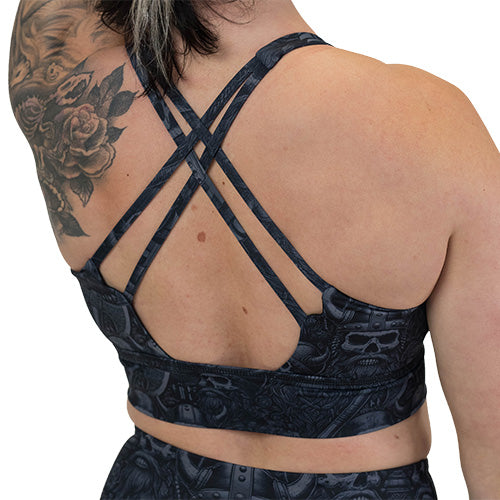 back of the viking print sports bra