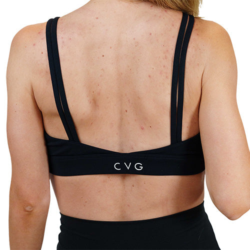 back of the solid black sports bra
