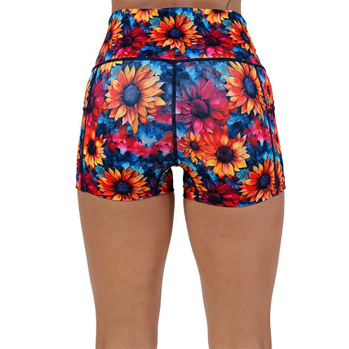 back of the 2.5 inch colorful sunflower patterned shorts