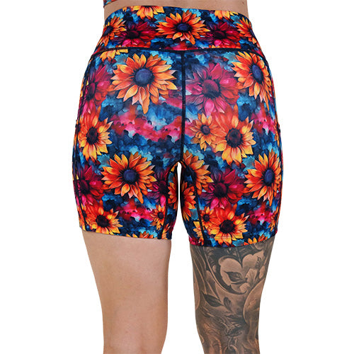 back of the 5 inch colorful sunflower patterned shorts