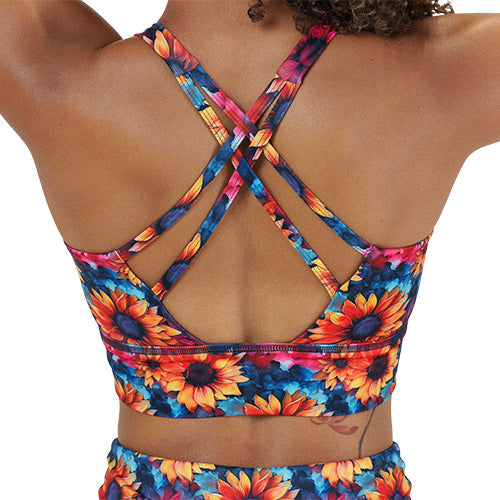 back of the colorful sunflower patterned sports bra